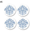 4 Light blue leaf floral damask print knobs on white. Furniture drawer pulls in pastel color for baby nursery or bathroom.
