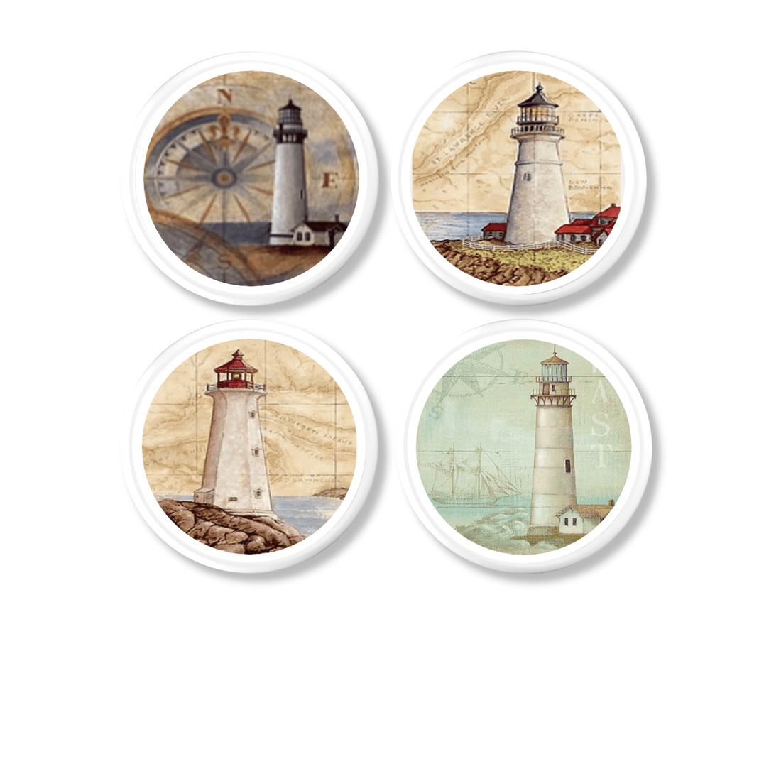 set of 4 lighthouse theme furniture drawer knobs. Vintage nautical map and seashore scene for bathroom cabinet pulls.
