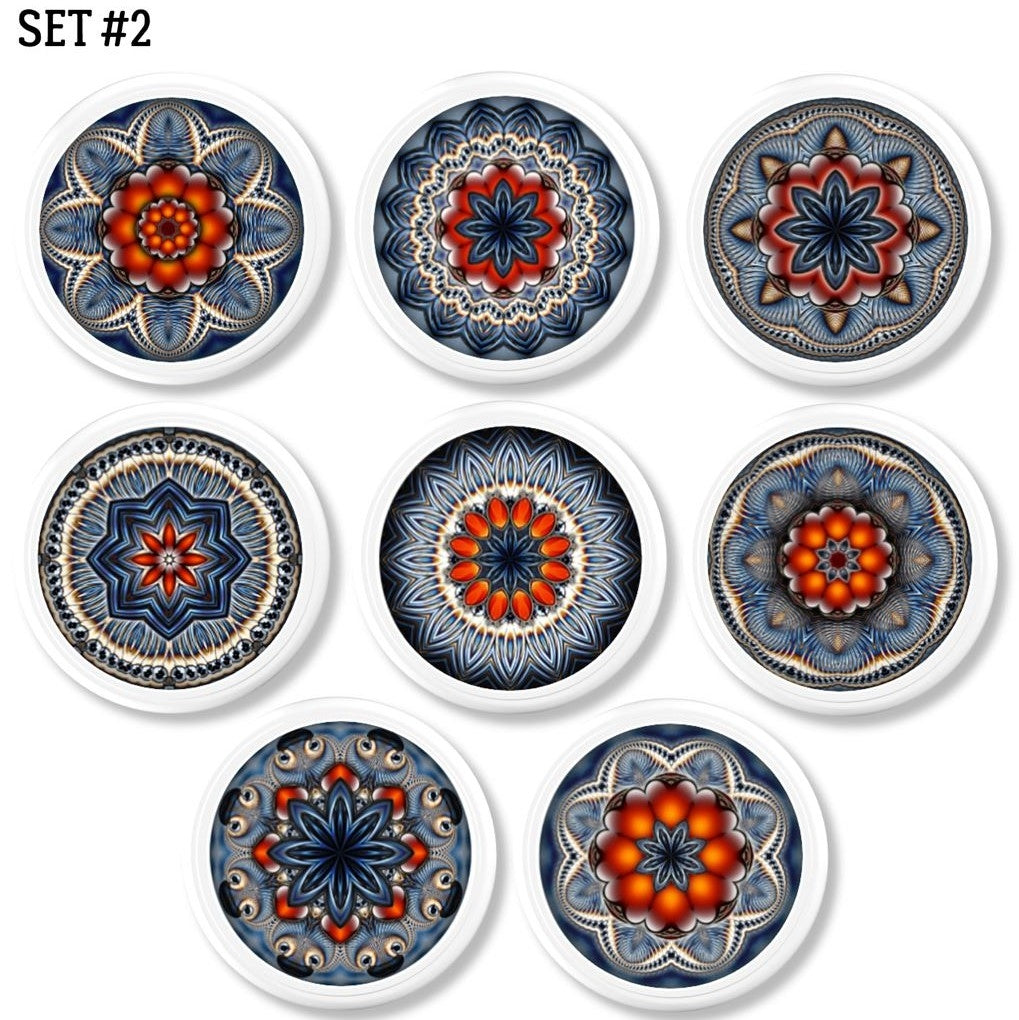 Eight handcrafted cabinet knobs featuring kaleidoscope mandala designs in vibrant blue, red, and orange tones — each with a unique geometric pattern inspired by quilt symmetry and artisan styling. Perfect for expressive drawer pulls in Boho, Indie, or Cottagecore interiors.