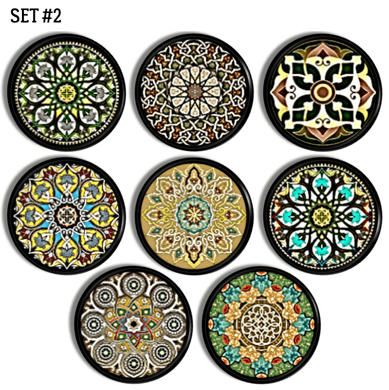 Handmade cabinet drawer pull set decorated with colorful bohemian floral mandala art on a black knob.