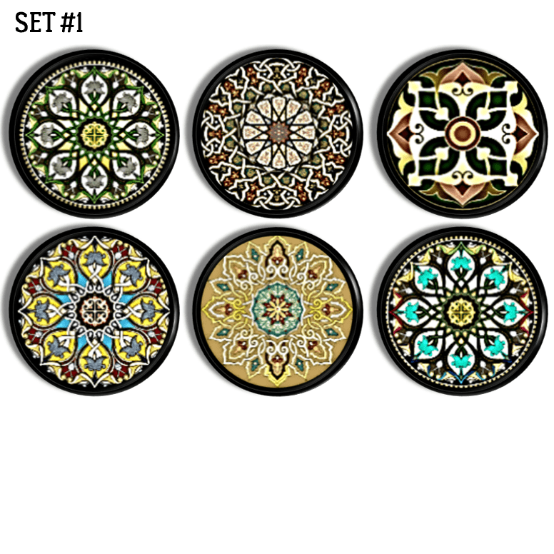 Indie inspired kalidescope decorative furniture knobs in earthy boho floral prints with a touch of green, gold and turquoise.