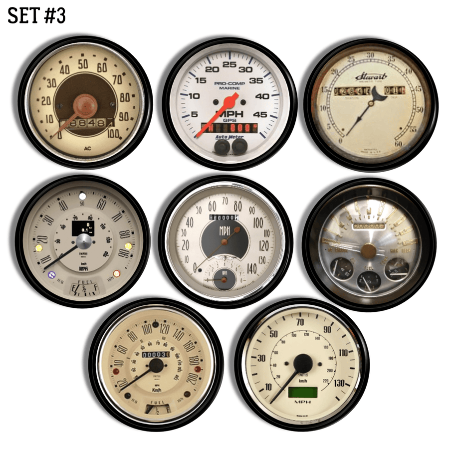 A set of eight antique automobile speedometer dial themed knobs. Kitchen, Home bar or bathroom hardware.