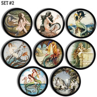 8 Mythical seafarer lore themed handmade knobs with beautiful mermaid illustrations in coastal colors.