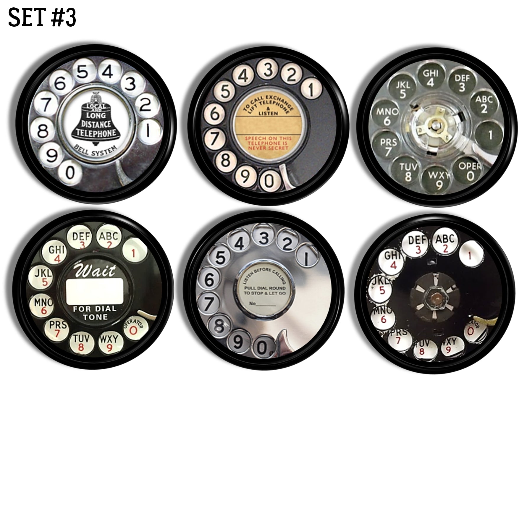 Six handmade mid‑century telephone dial cabinet knobs featuring operator‑era phrases and mechanical dial details, ideal for vintage desk makeovers and retro communication‑themed décor.