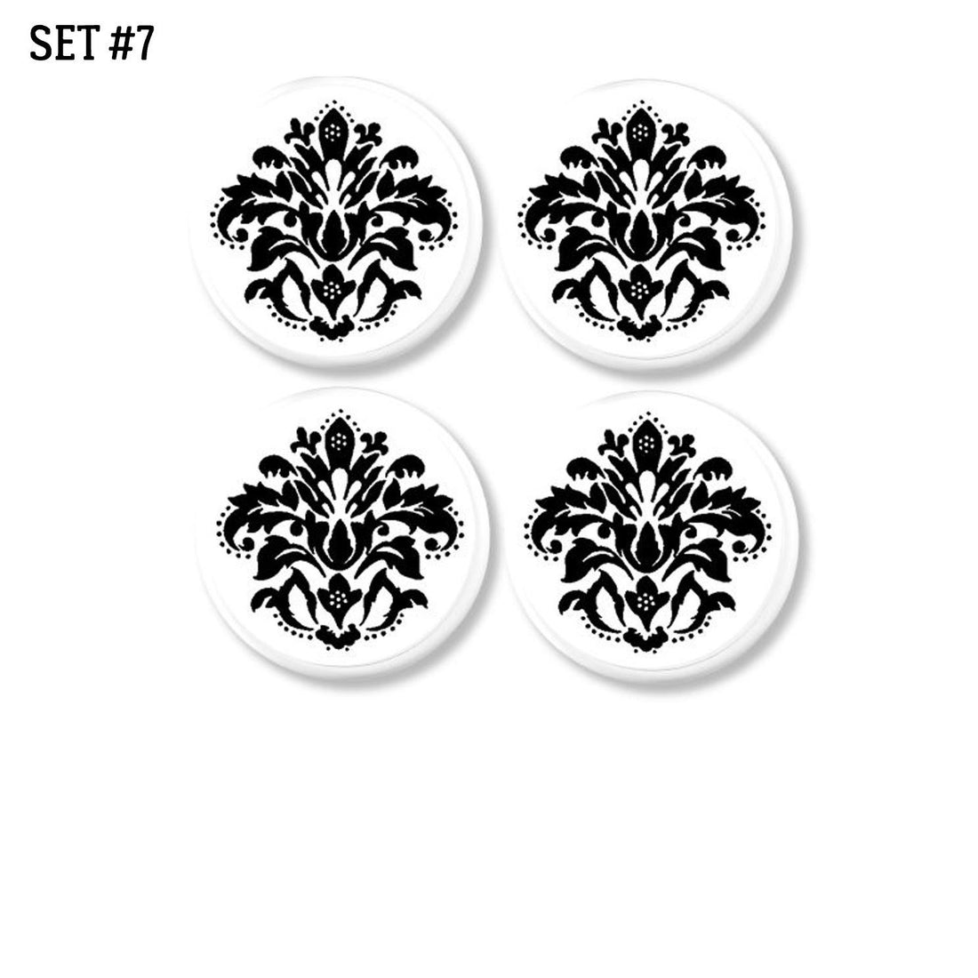 4 Classic black white damask cabinet drawer pulls. Knobs for French Victorian, Steampunk or Gothic decor.