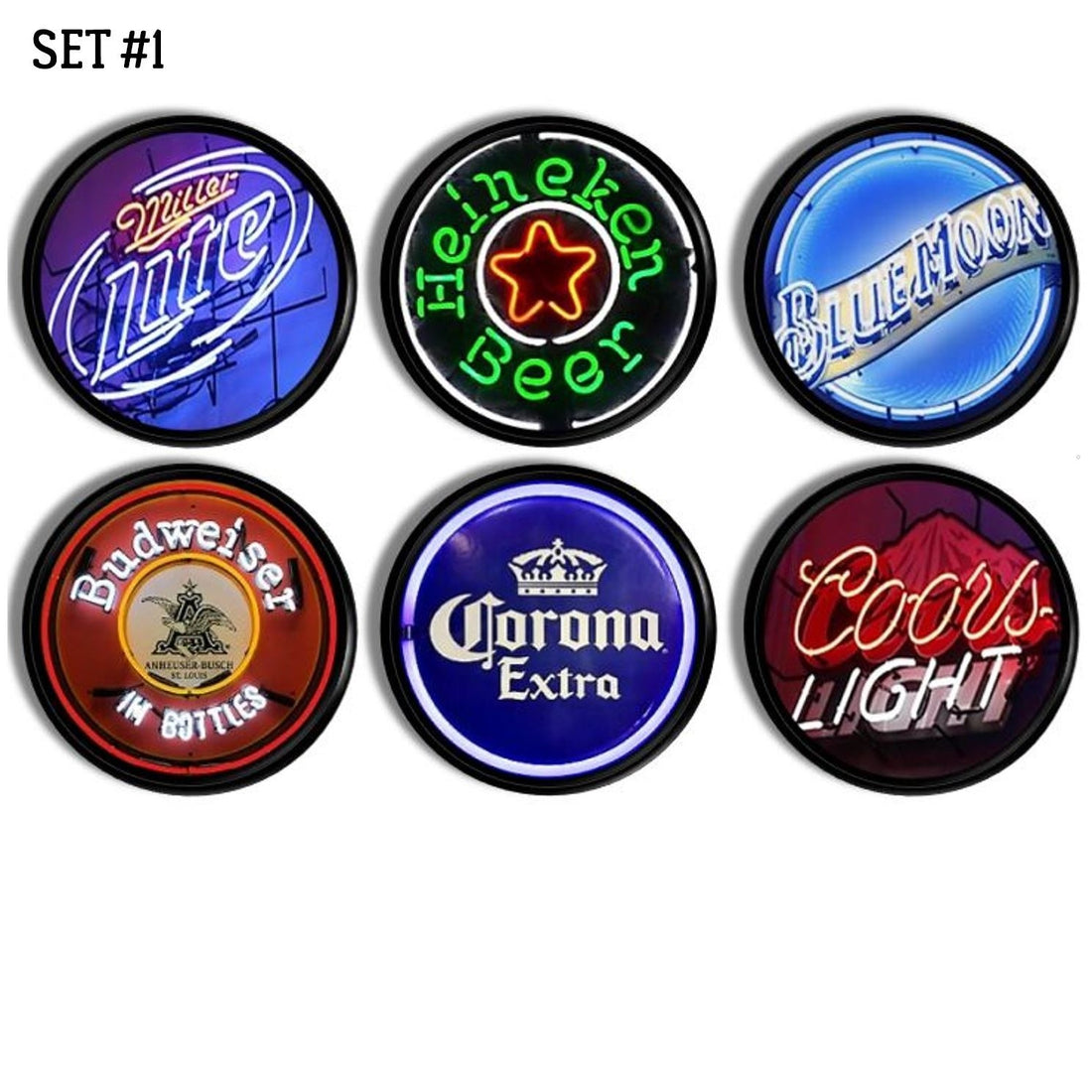 6 bar cabinet knobs in a neon beer sign theme featuring Miller Lite, Heineken, Blue Moon, Corona and Coors Brew.
