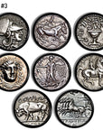 Collection of 8 furniture knobs in a theme of silver rare coins from around the world. Drawer pulls are enspired by rome, italy, greece history.