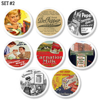 8 white vintage farmhouse style kitchen furniture drawer pulls. made with colorful antique food beverage ads