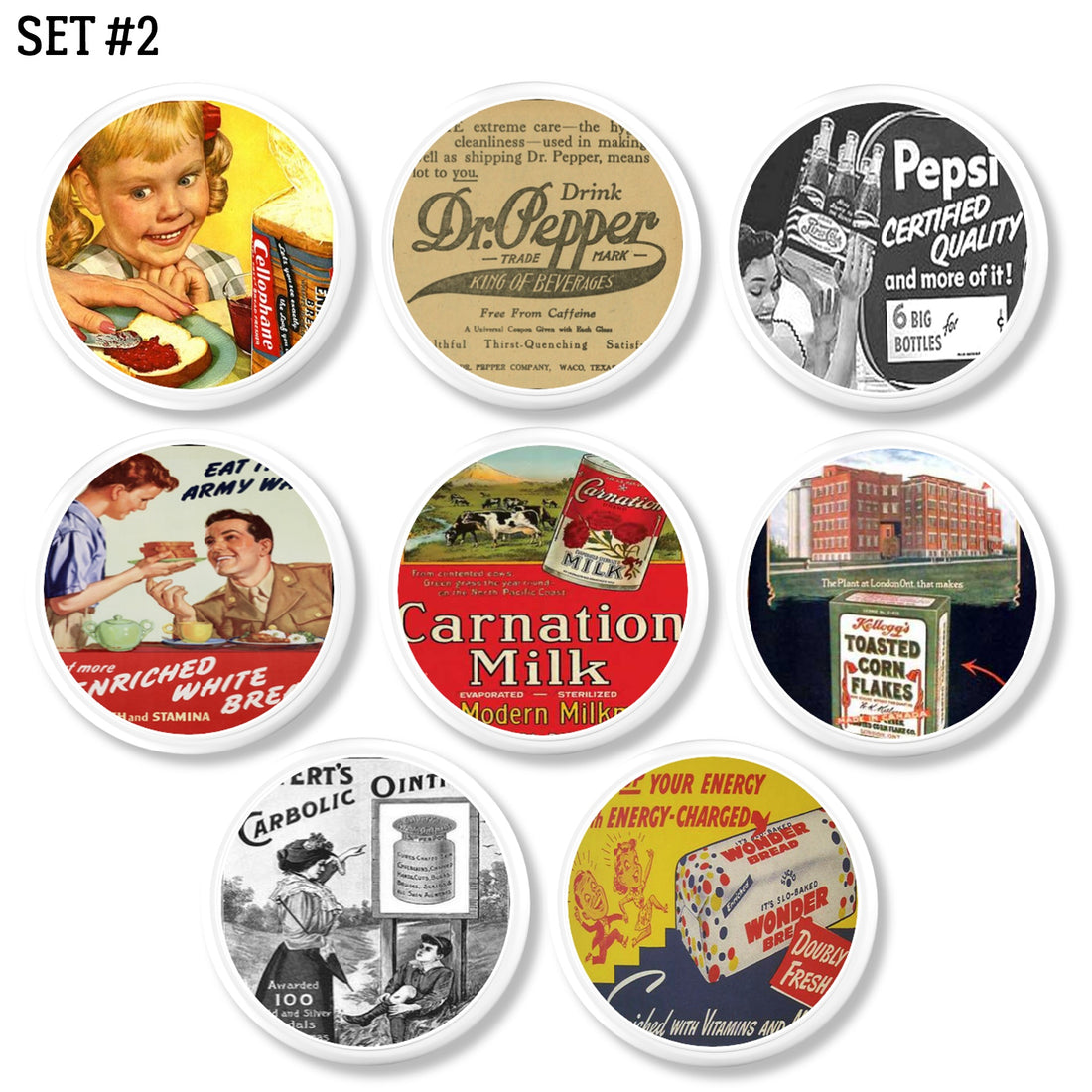 Eight Cabinet handles featuring colorful vintage advertisements for food and beverage. Kelloggs cerial, carnation, wonder bread, pepsi and dr pepper made on a white knobs