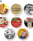 Eight Cabinet handles featuring colorful vintage advertisements for food and beverage. Kelloggs cerial, carnation, wonder bread, pepsi and dr pepper made on a white knobs