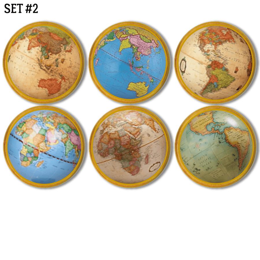 Six Old World globe furniture knobs for travel baby nursery or studious mens home office. Handmade on wood.
