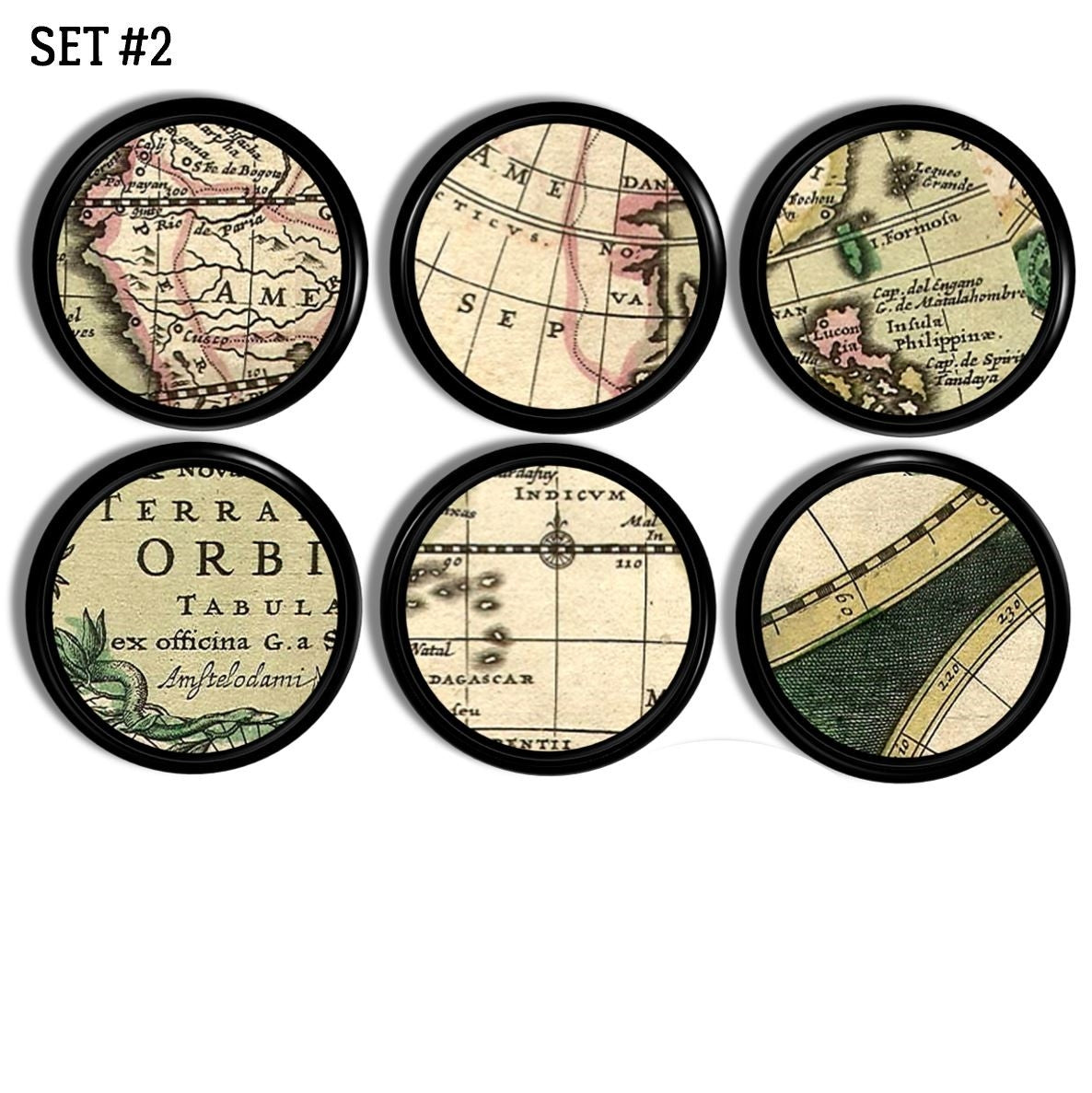 Six old‑world map cabinet knobs on a black base, featuring detailed cartographic lines, regional labels, and globe fragments that add a refined explorer’s aesthetic to desks, cabinets, or study furniture.