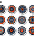 Unique handmade Artisan style cabinet and drawer pulls in blue and orange mandala prints. Replacement knobs for furniture, cabinets and cupboards.