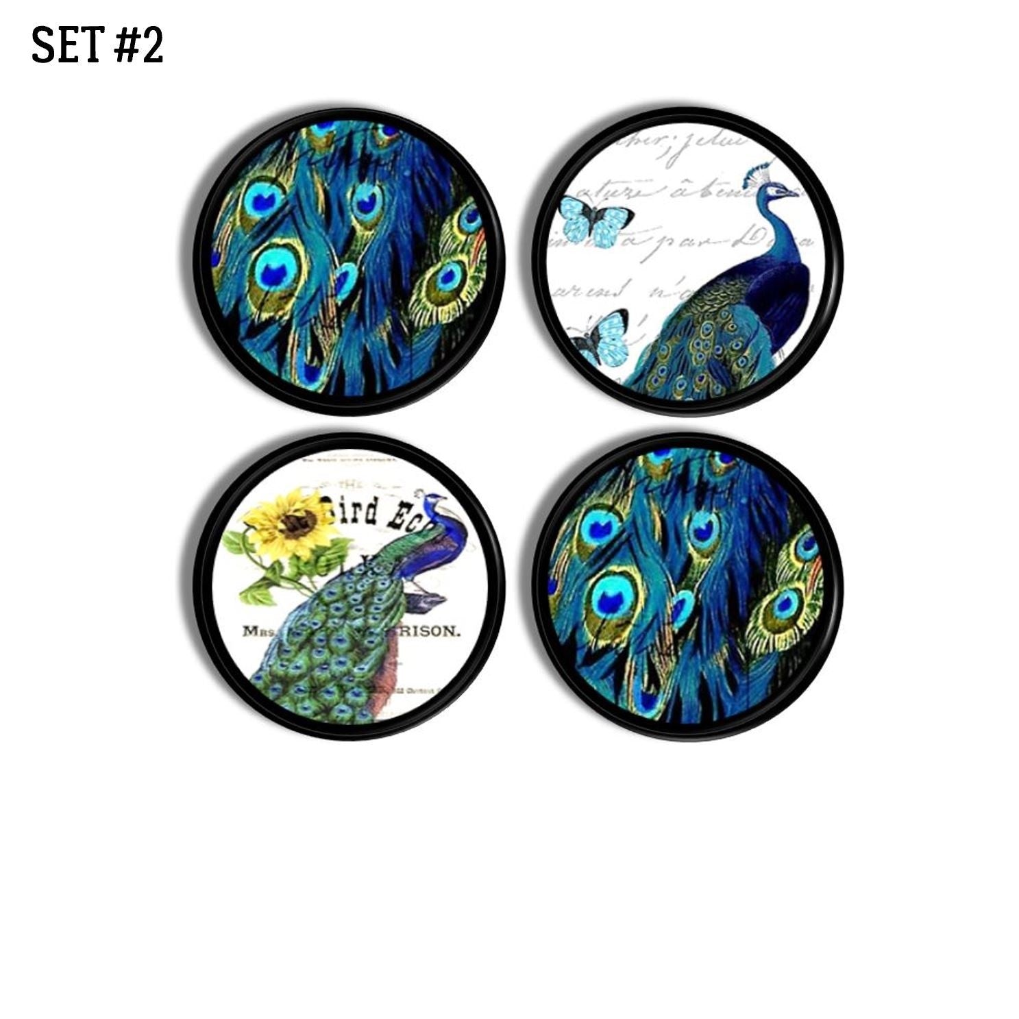 4 Dresser knobs with turquoise blue male peacock bird on postcard background. Unique feather theme door hardware.