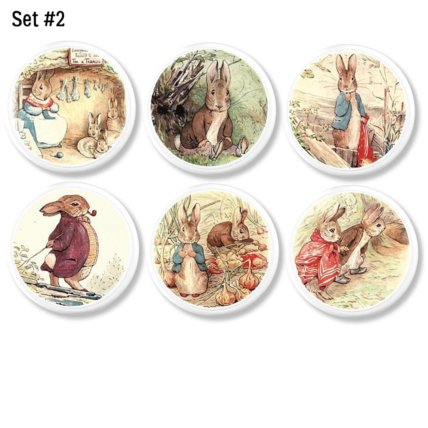 Six handcrafted cabinet knobs featuring Benjamin Bunny and friends in charming woodland and garden scenes, illustrated in vintage Beatrix Potter watercolor style.