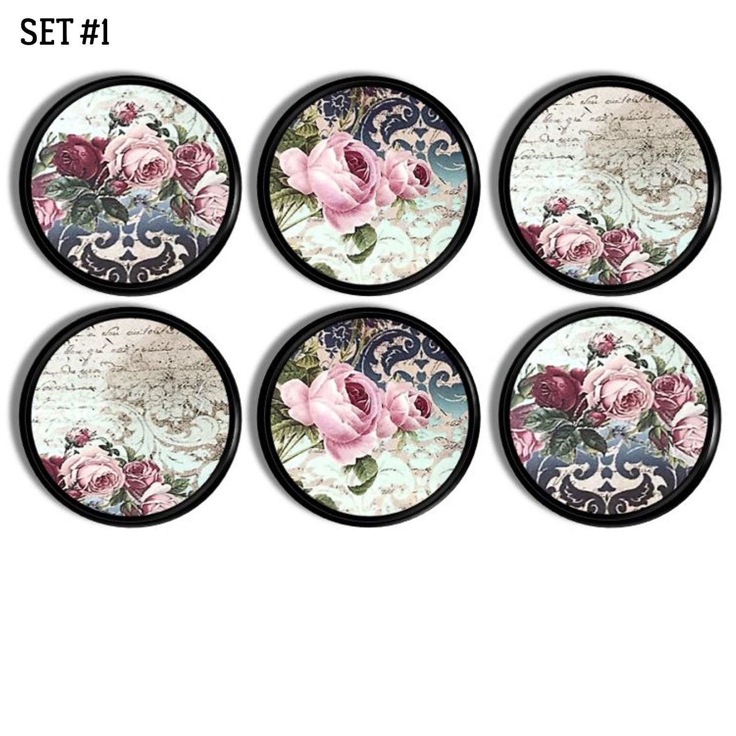 Six handcrafted cabinet knobs featuring muted pink and red vintage roses layered over distressed French script and ornate baroque textures, perfect for romantic gothic or Parisian décor.
