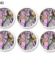 6 pink woodland camo decorative furniture door knobs. Real look tree hunting camouflage print on white drawer pull handle.