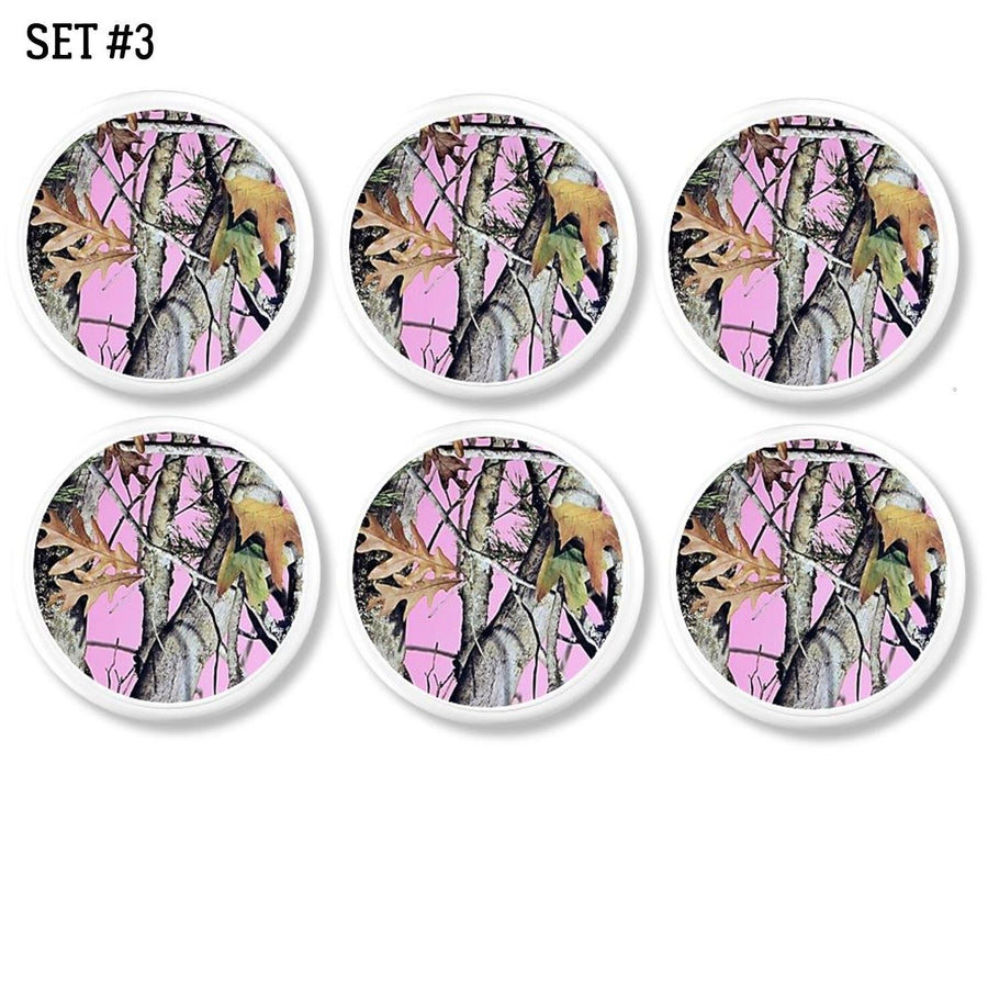 6 pink woodland camo decorative furniture door knobs. Real look tree hunting camouflage print on white drawer pull handle.