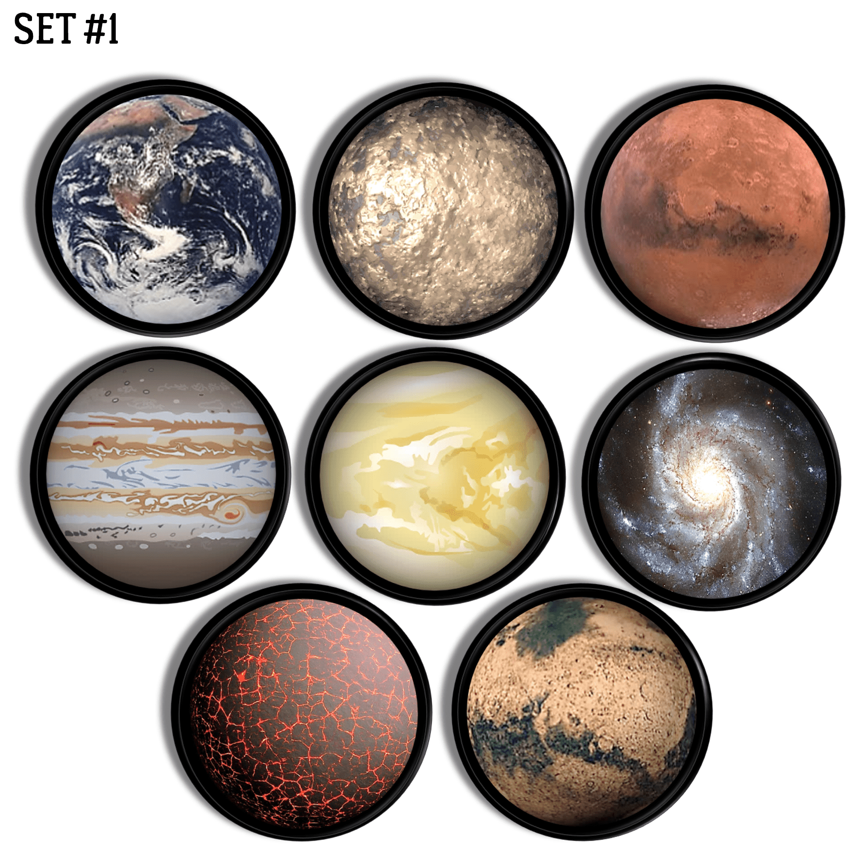 Set of 8 hand made solar system furniture knobs featuring the Milky Way, Earth, moon &amp; other planets in reds, blues &amp; golds.