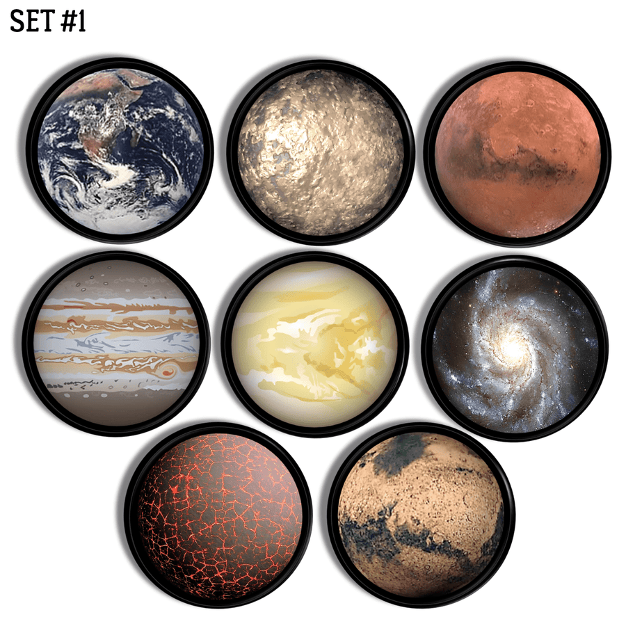 Set of 8 hand made solar system furniture knobs featuring the Milky Way, Earth, moon & other planets in reds, blues & golds.