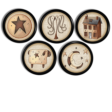 Rustic Primitive kitchen cabinet knobs with distressed barn star, willow tree, salt box house, sheep and moon.