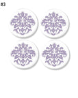 4 Furniture knobs with light purple modern floral damask print design on white hardware.