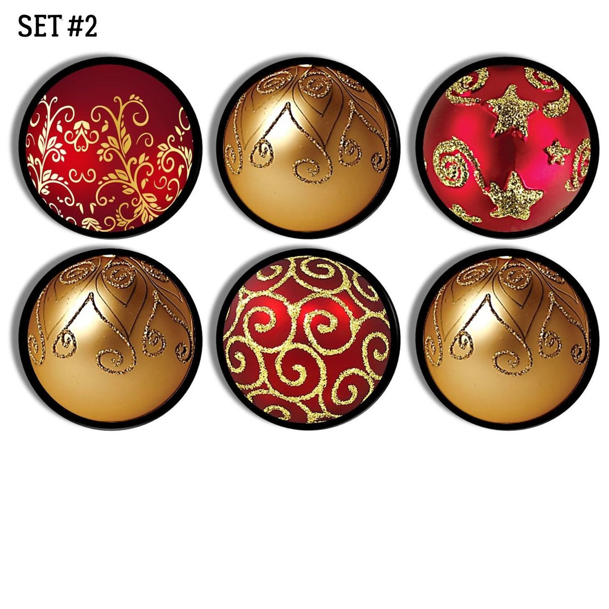 Six‑piece red and gold holiday ornament handmade cabinet knob set featuring elegant filigree patterns, swirling metallic motifs, leaf accents, and star details for upscale Christmas décor hardware