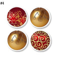 Four‑piece Christmas cabinet knob set featuring red and gold ornate filigree designs, swirling metallic patterns, floral holiday detailing, and spiral accents for bright elegant traditional Christmas décor