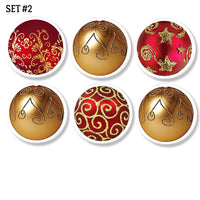 6 Hand made Christmas ornament theme cabinet knobs. Drawer pulls can be mounted to a shelf or wall plaque as hookd to hang decorations, card or stockings.