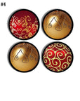 Four‑piece red and gold ornament cabinet knob set featuring ornate filigree patterns, swirling metallic motifs, floral detailing, and spiral holiday designs for elegant Christmas décor hardware