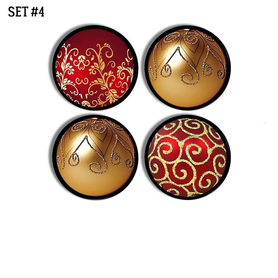 4 Christmas decorative cabinet door knobs in warm red gold ornament theme on black drawer pull. Unique handmade holiday decor.