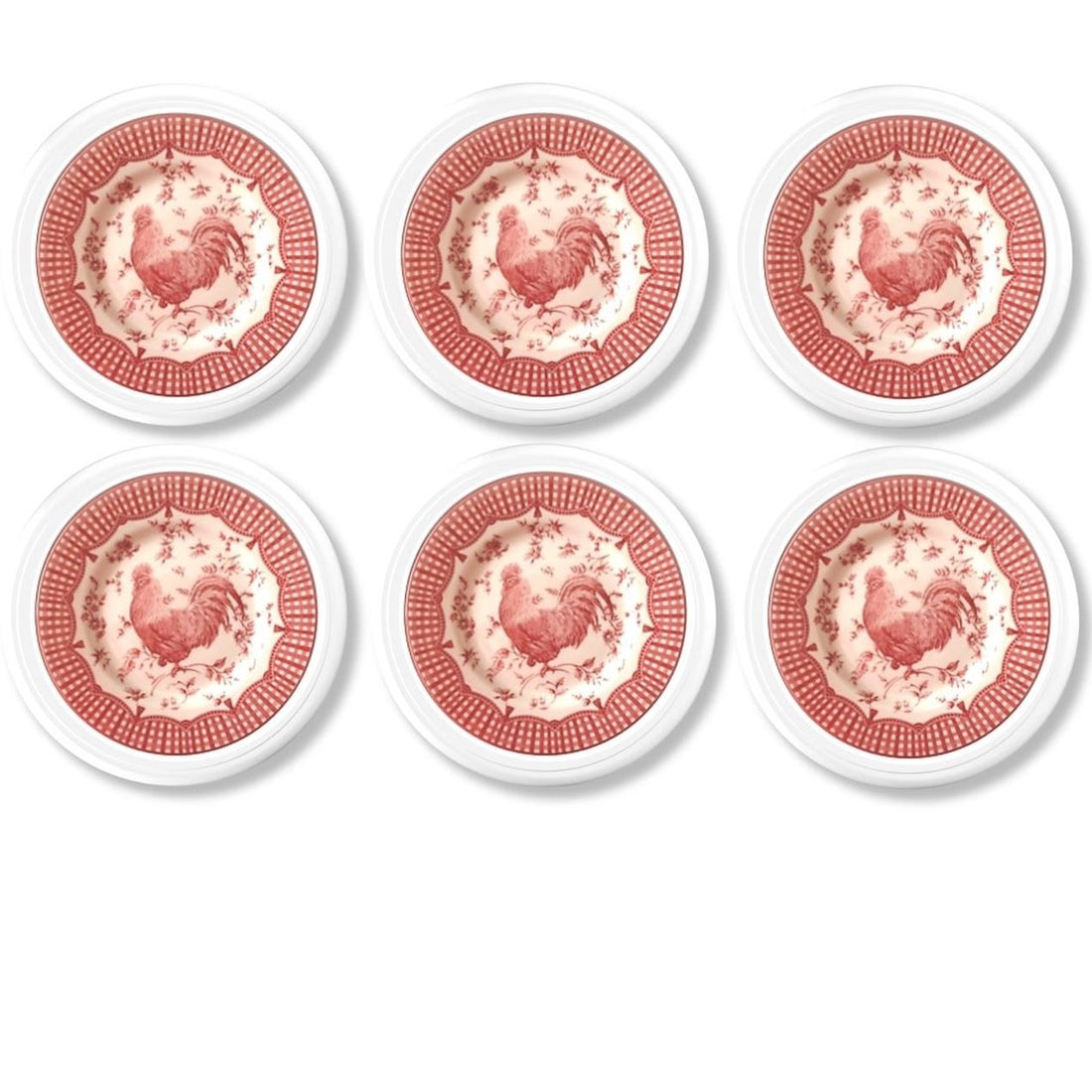 Set of 6 handmade knobs in a red and white old fashioned country French rooster toile. Rustic farm kitchen cabinet drawer pulls.