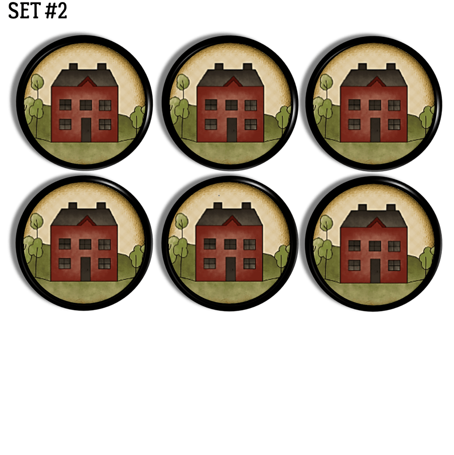 Furniture knobs handmade with Primitive Red salt box housees. Drawer pulls for rustic aged prim country farm  decor.