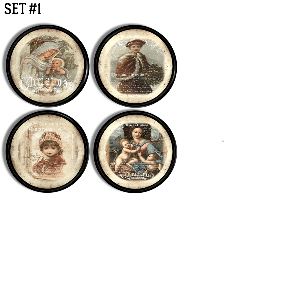 Antique Christmas Card Theme Handmade Knobs in aged art featuring Victorian children, Virgin Mother and Baby Jesus.
