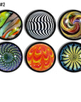 Six retro marble style cabinet knobs, showcasing vibrant optical‑illusion patterns, swirling ribbons, geometric distortions, and colorful abstract designs reminiscent of collectible vintage marbles.
