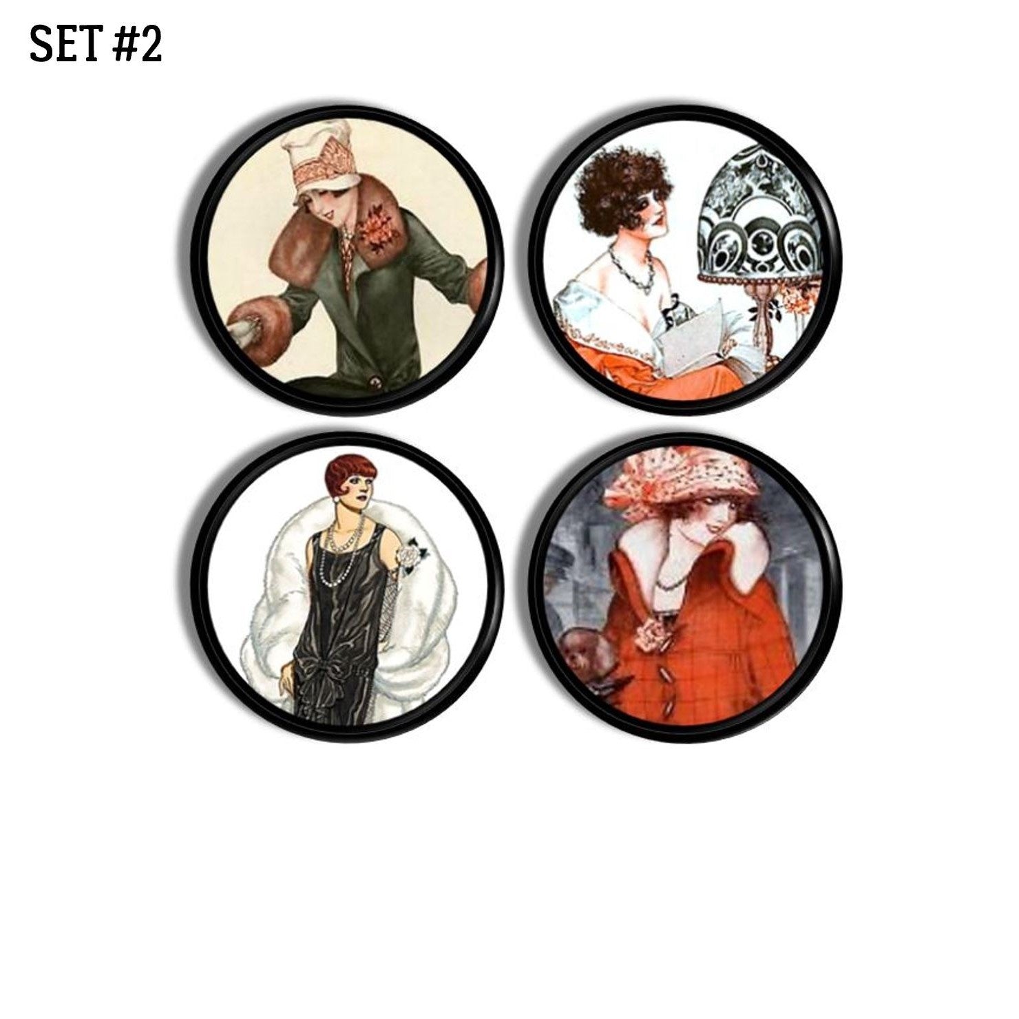 Cabinet knob set featuring colorful portraits of women in 1920s roaring 20s fashion — fur collars, pearls, and elegant hats.