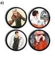Cabinet knob set featuring colorful portraits of women in 1920s roaring 20s fashion — fur collars, pearls, and elegant hats.