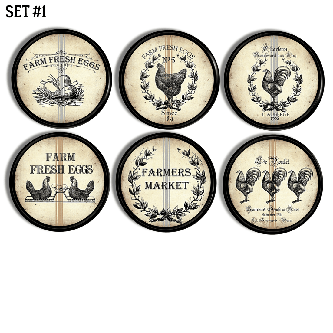 6 black knobs with black roosters, chickens, fresh eggs & French provincial wheat on a distressed antique cream background.