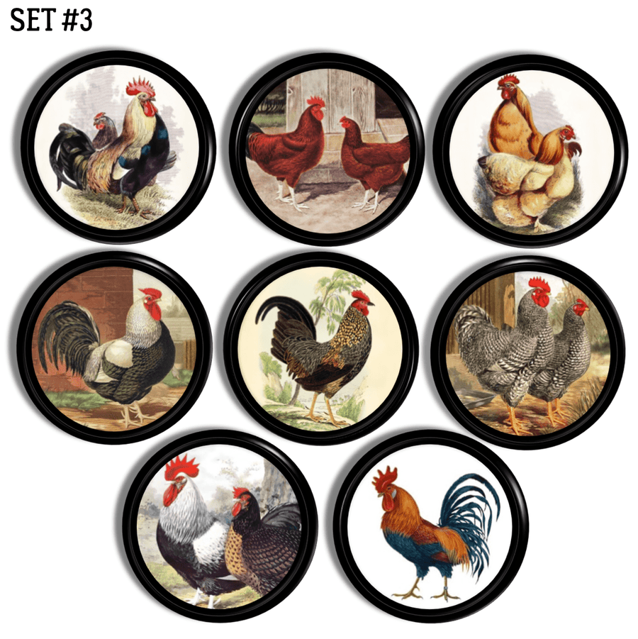 rooster and hen farmhouse kitchen cabinet knobs. Vintage chicken images on black drawer pulls.