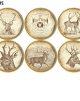 Rustic deer sketch furniture knob set on natural wood. Hunting theme drawer pulls for mancave cabinet and drawer handles.