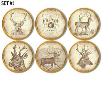 Rustic deer sketch furniture knob set on natural wood. Hunting theme drawer pulls for mancave cabinet and drawer handles.