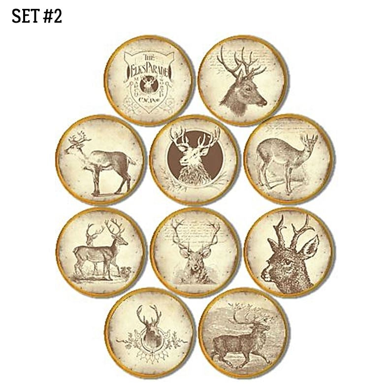 Rustic elk and deer art cabinet knobs and drawer pulls with sepia wildlife illustrations and vintage woodland styling, ideal for lodge décor, cabin furniture updates, farmhouse cabinetry, and handcrafted rustic makeovers