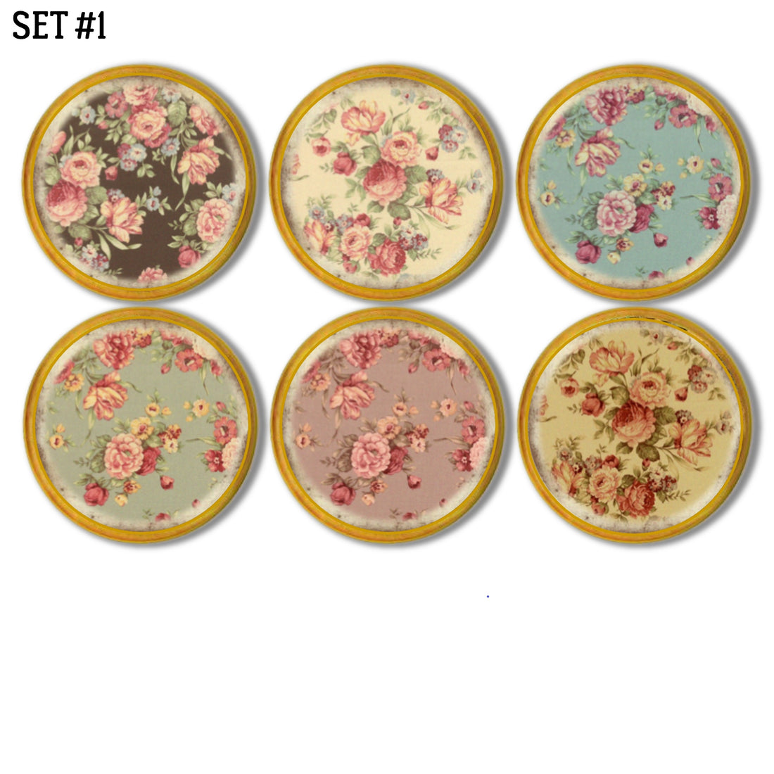 Natural wood cabinet knobs in shabby cottage floral patterns. Muted heirloom colors to compliment antique furniture decor.