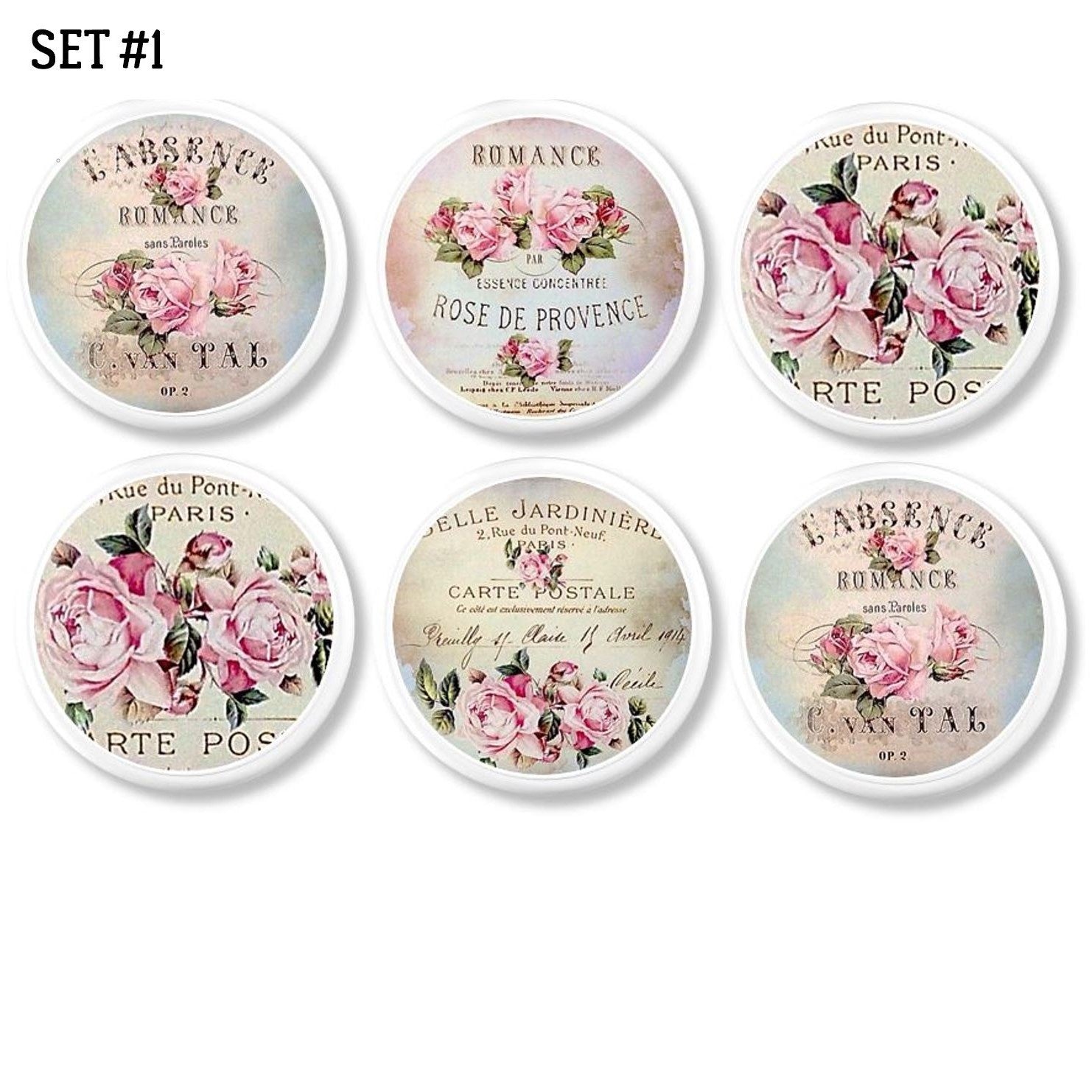 Cabinet knob set featuring vintage French perfume labels — pale pink roses, Paris script, and antique postcard charm.
