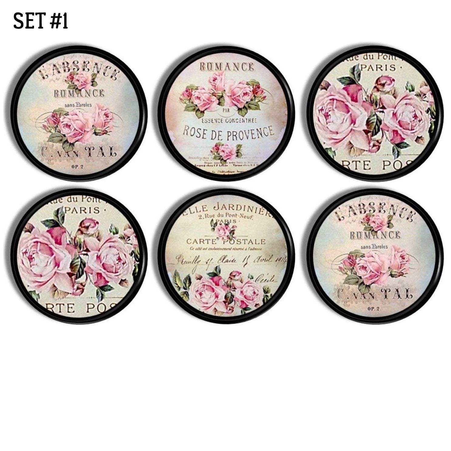 6 piece cabinet knob set featuring French perfume label art — pale pink roses and Paris typography on chic black knobs.