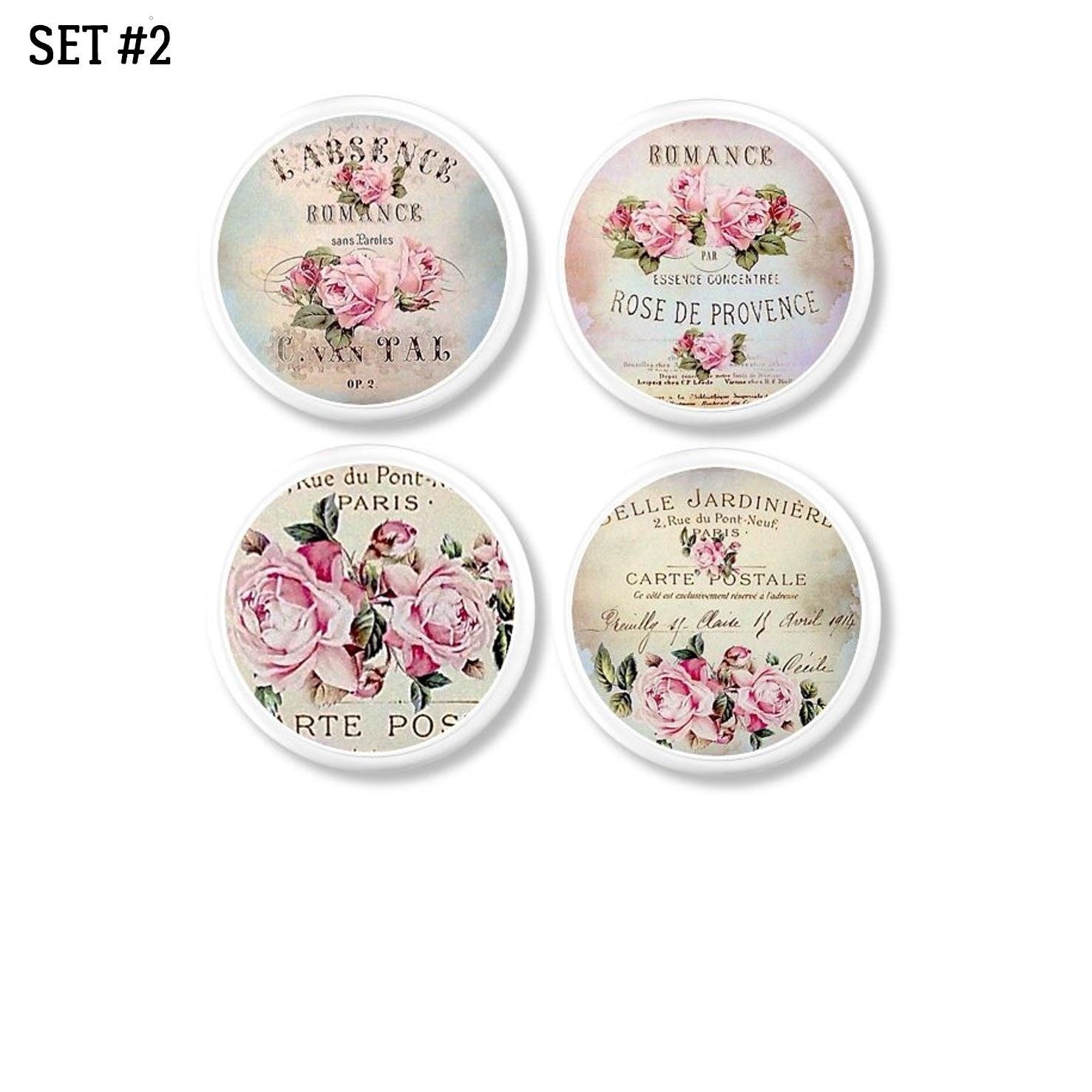 Cottagecore cabinet knob set featuring vintage French perfume graphics — pink roses and Parisian script on soft white knobs.