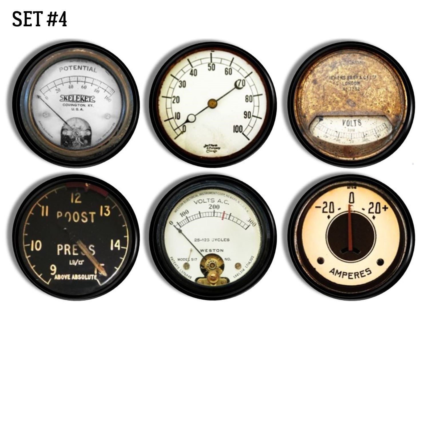 Steampunk Industrial cabinet knobs in a 6‑piece set featuring vintage volt, boost, and potential gauge graphics.
