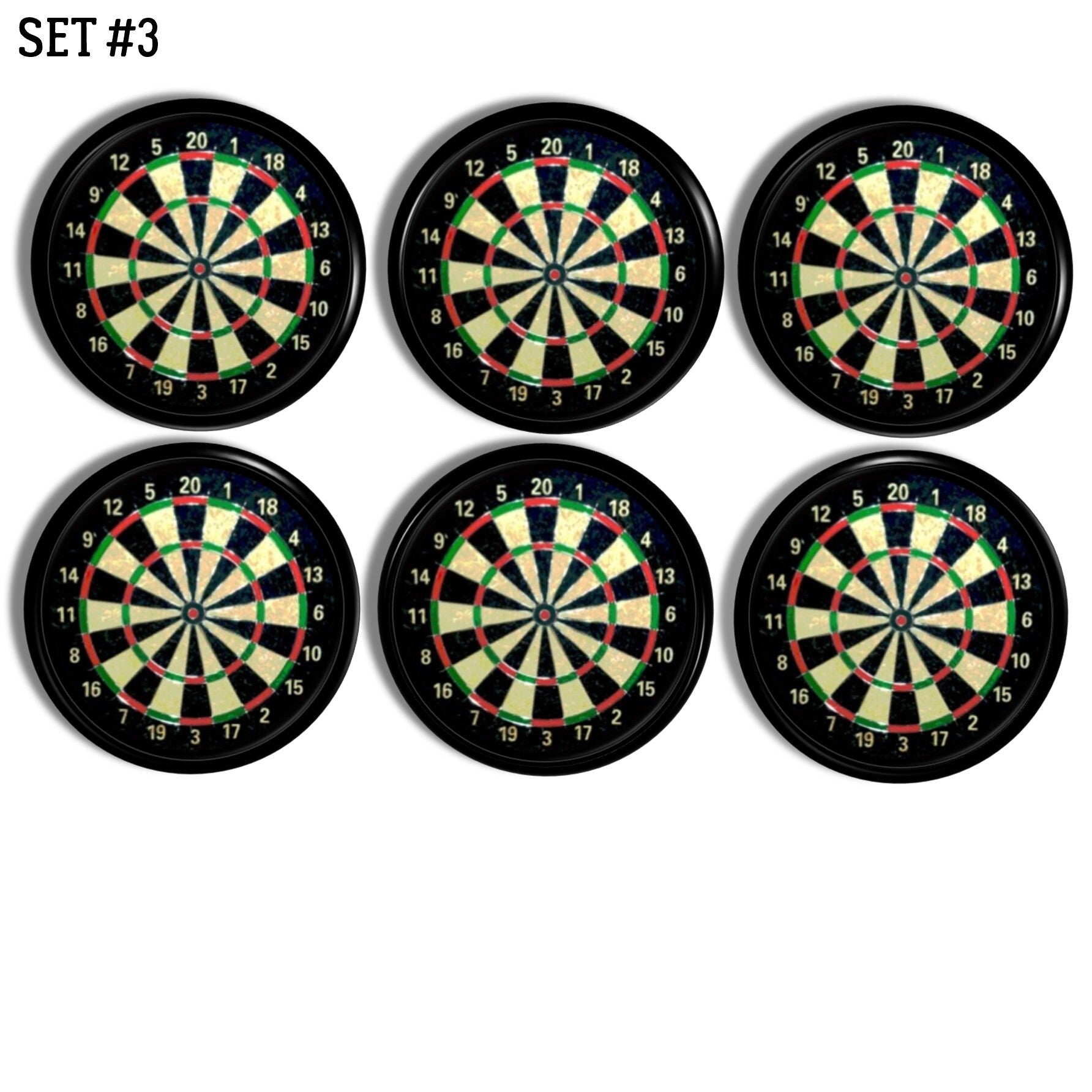Six handmade cabinet knobs featuring traditional dartboard designs. Ideal for man caves, garage cabinetry, or competitive game‑room décor.