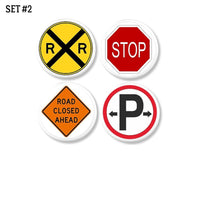 4 Travel themed decorative knobs. Traffic road signs for RV caninets or eclectic home bar furniture.