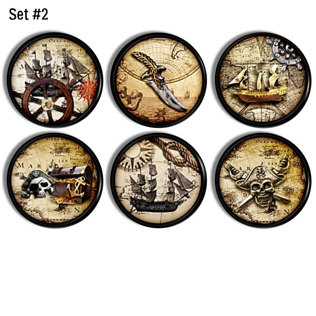 Men's nautical office decor decorative furniture drawer pull set. Earthy, rustic pirate treasure map theme with ship wheel, skull, dagger and gold on black hardware.